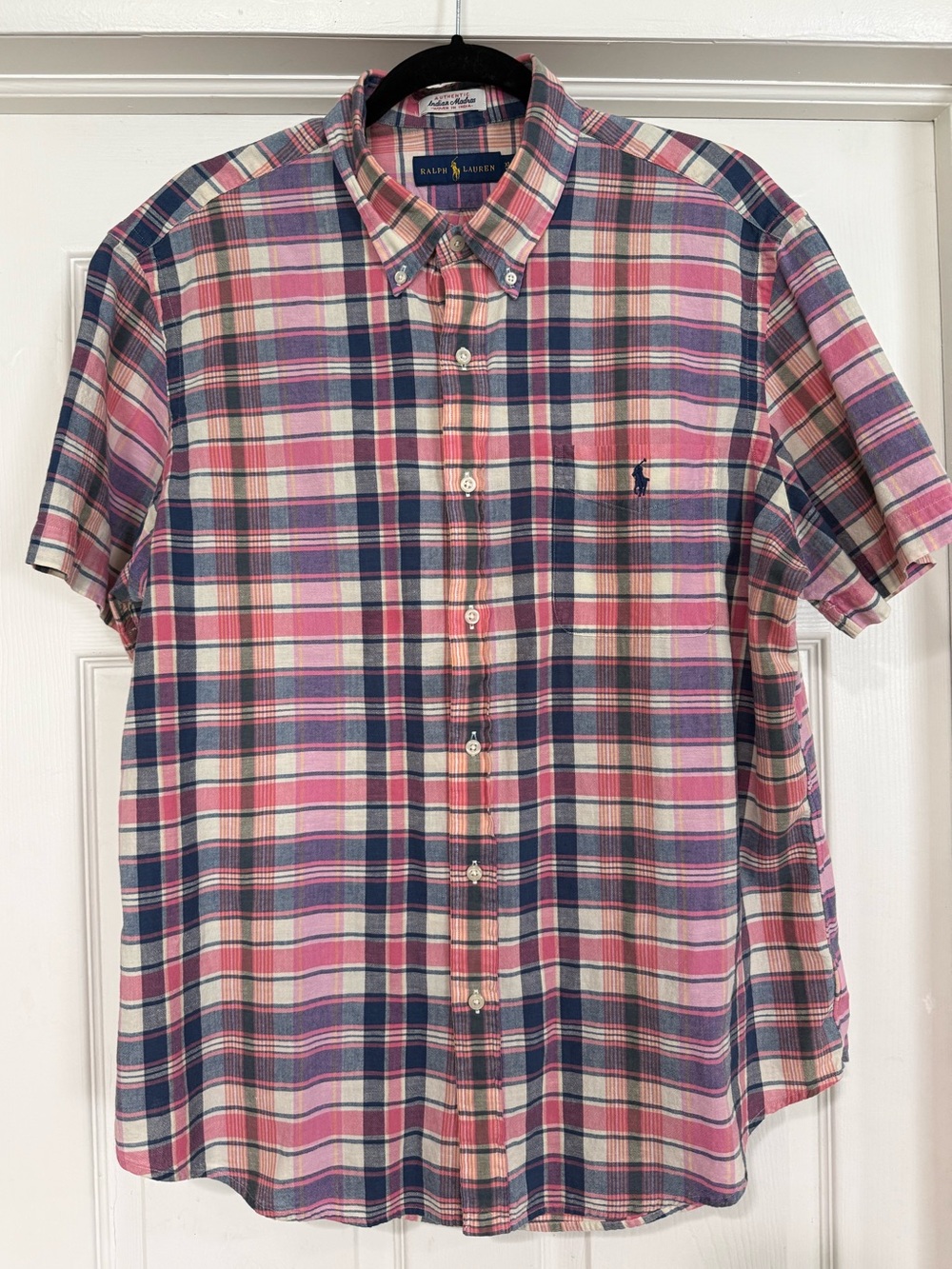 Ralph Lauren Indian Madras Pink and Navy Plaid Short Sleeve Button-Down Shirt